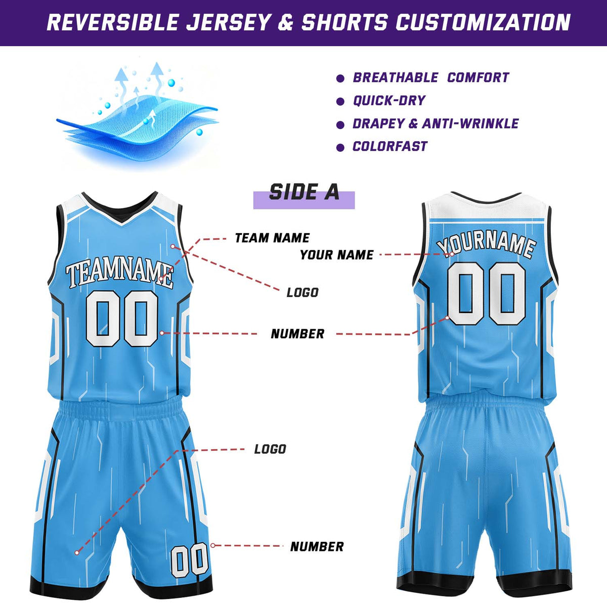 Custom Light Blue & Black Reversible Circuit Geometric Basketball Jersey Shorts Set | Personalized Team Uniform