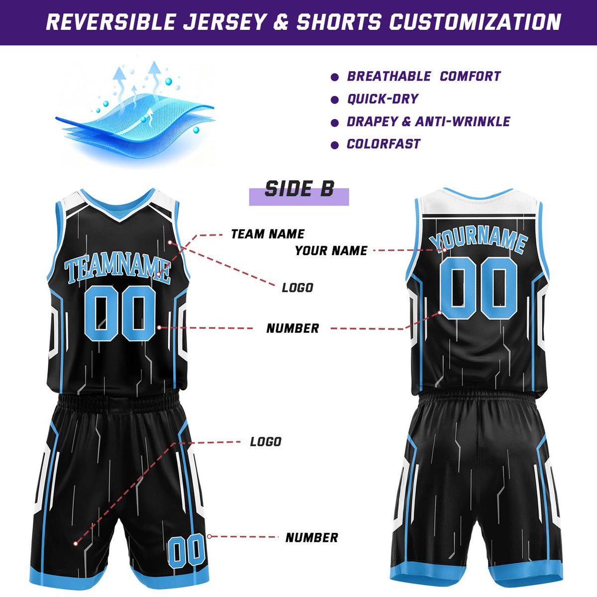 Custom Light Blue & Black Reversible Circuit Geometric Basketball Jersey Shorts Set | Personalized Team Uniform