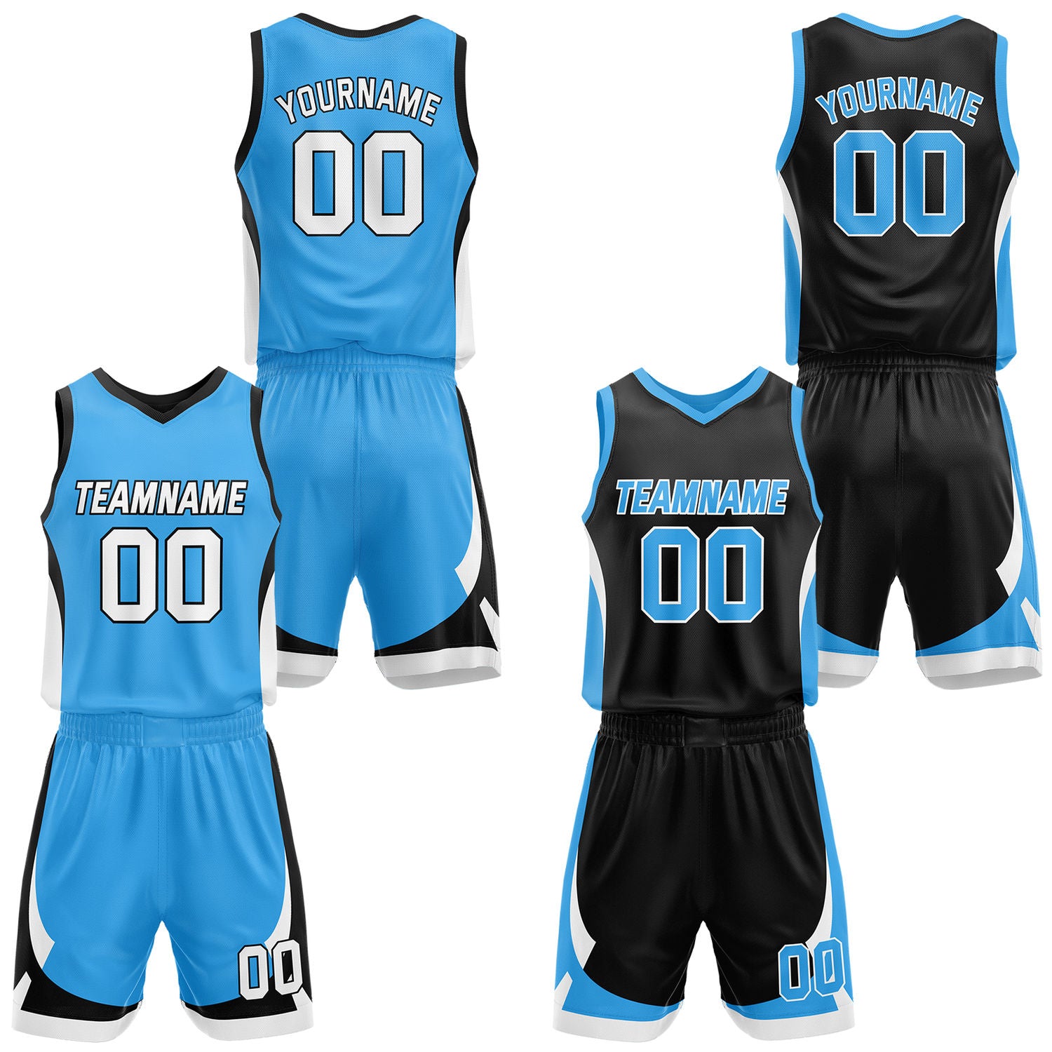 Custom light blue & black reversible basketball jersey set with shorts by Vosoli | Personalized team name, number & logo | Breathable mesh sport jersey uniform