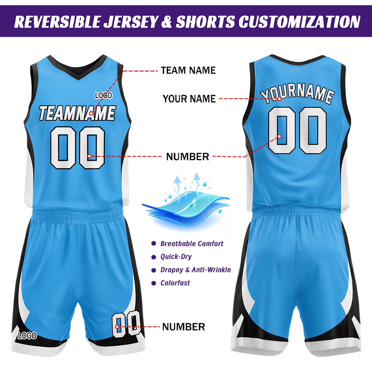 Custom Light Blue Black Reversible Basketball Jersey Set | Personalized Name Number Mesh Sports Uniform