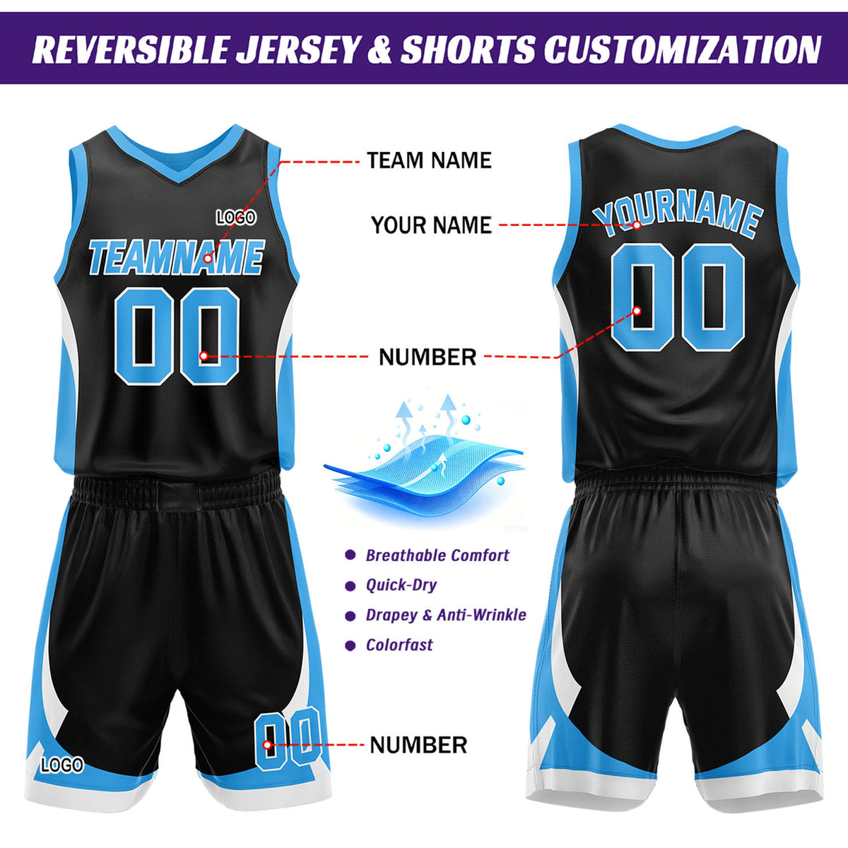 Custom Light Blue Black Reversible Basketball Jersey Set | Personalized Name Number Mesh Sports Uniform