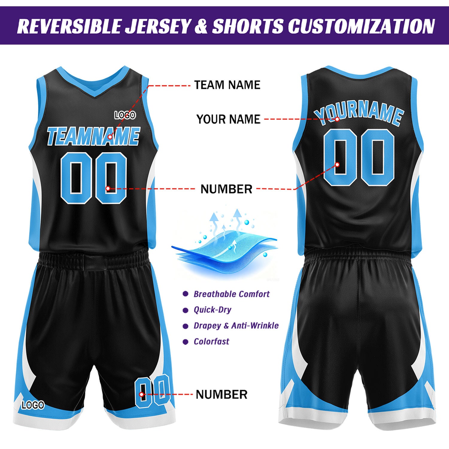 Custom Light Blue Black Reversible Basketball Jersey Set | Personalized Name Number Mesh Sports Uniform