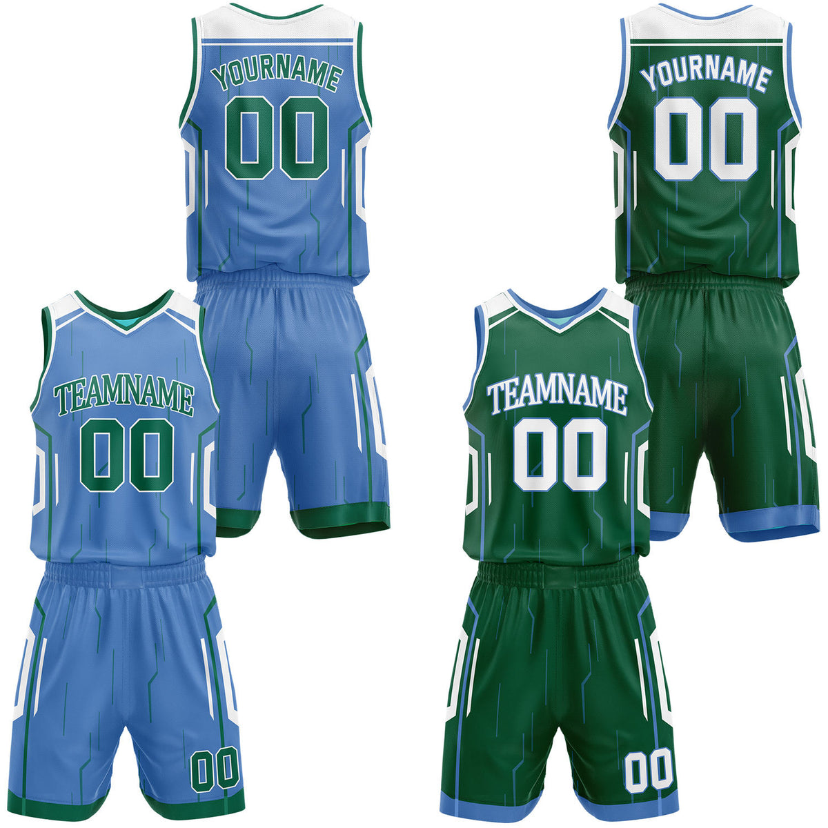 Custom light blue &amp; dark green reversible basketball jersey shorts set by Vosoli | Personalized block team name number circuit geometric uniform sportswear