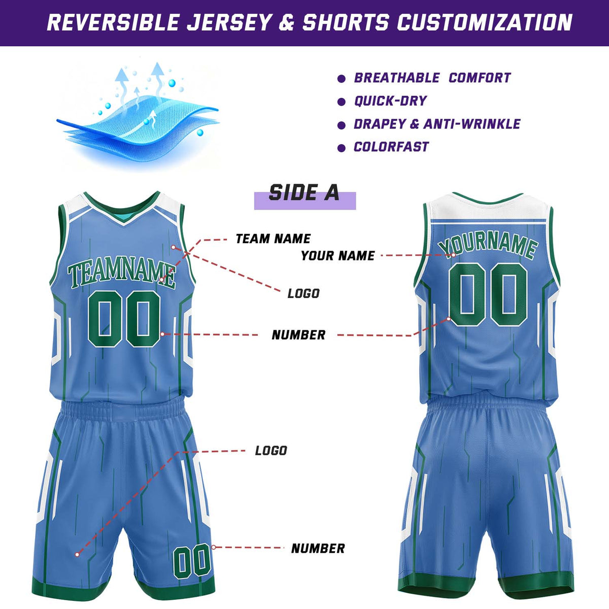 Custom Light Blue & Dark Green Reversible Geometric Basketball Jersey Shorts Set | Personalized Team Uniform