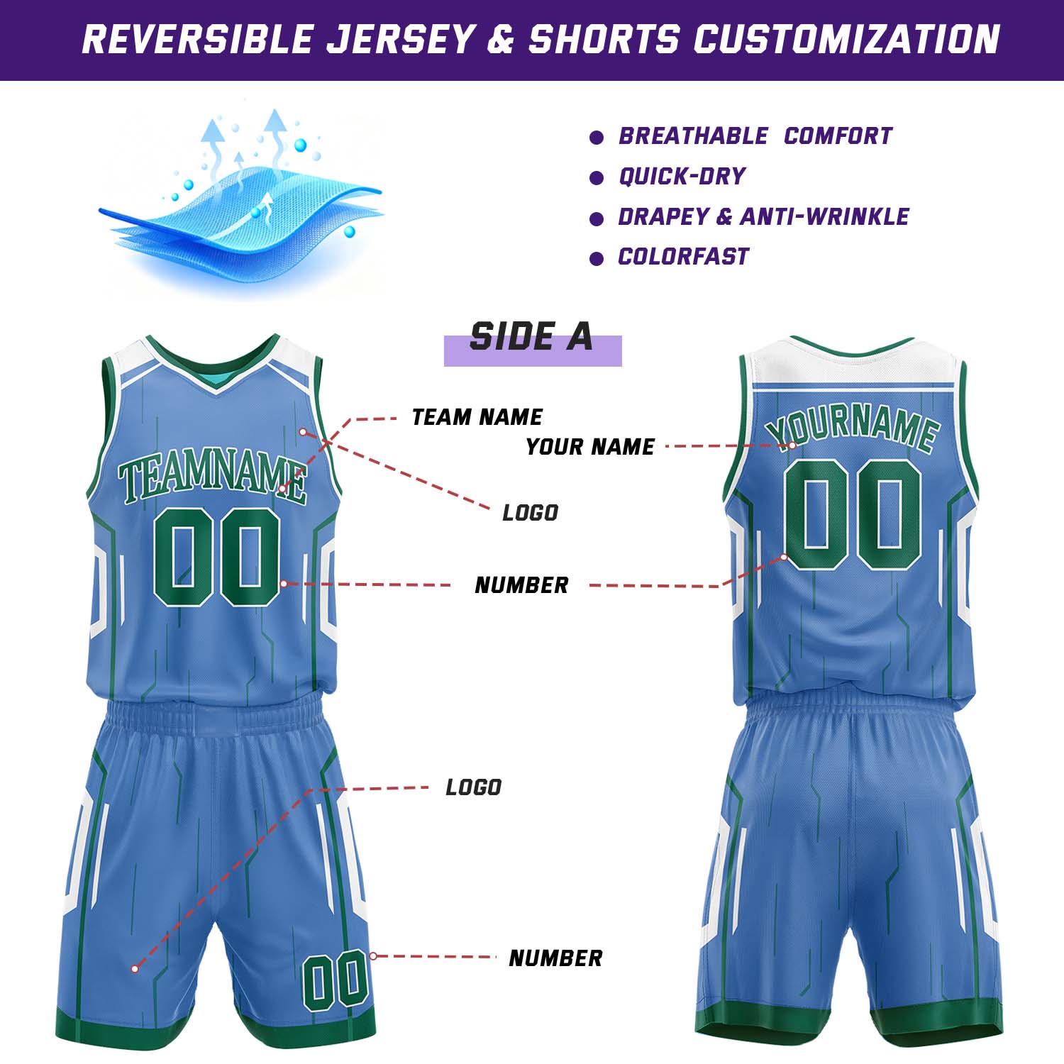 Custom Light Blue & Dark Green Reversible Geometric Basketball Jersey Shorts Set | Personalized Team Uniform