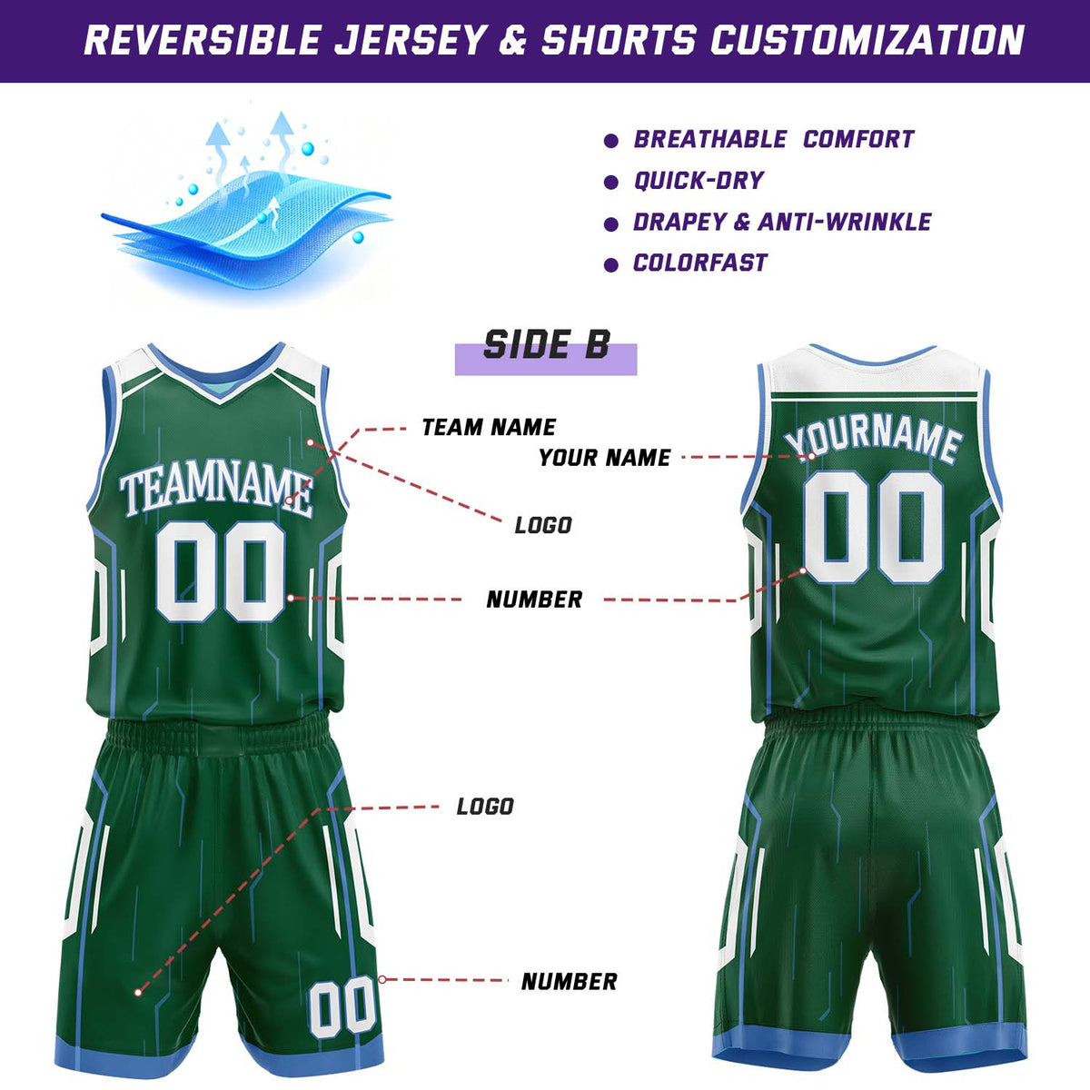 Custom Light Blue & Dark Green Reversible Geometric Basketball Jersey Shorts Set | Personalized Team Uniform