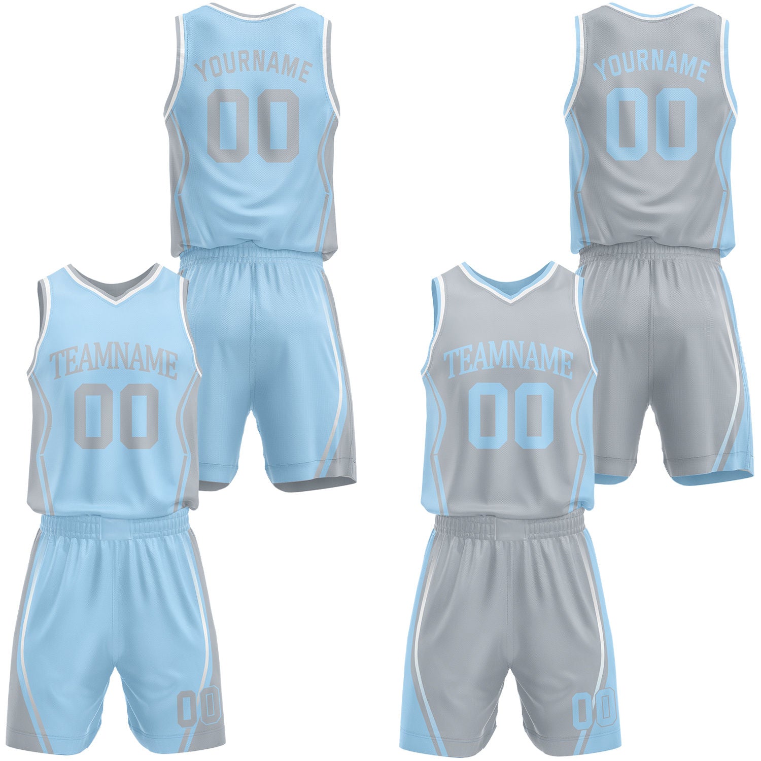 Custom light blue & gray reversible basketball jersey shorts set by Vosoli | Personalized block team name number geometric uniform sportswear