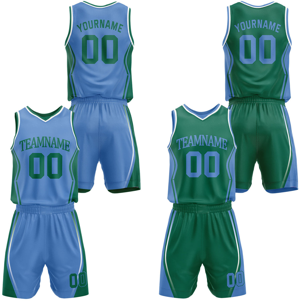 Custom light blue &amp; green reversible basketball jersey shorts set by Vosoli | Personalized block team name number geometric uniform sportswear