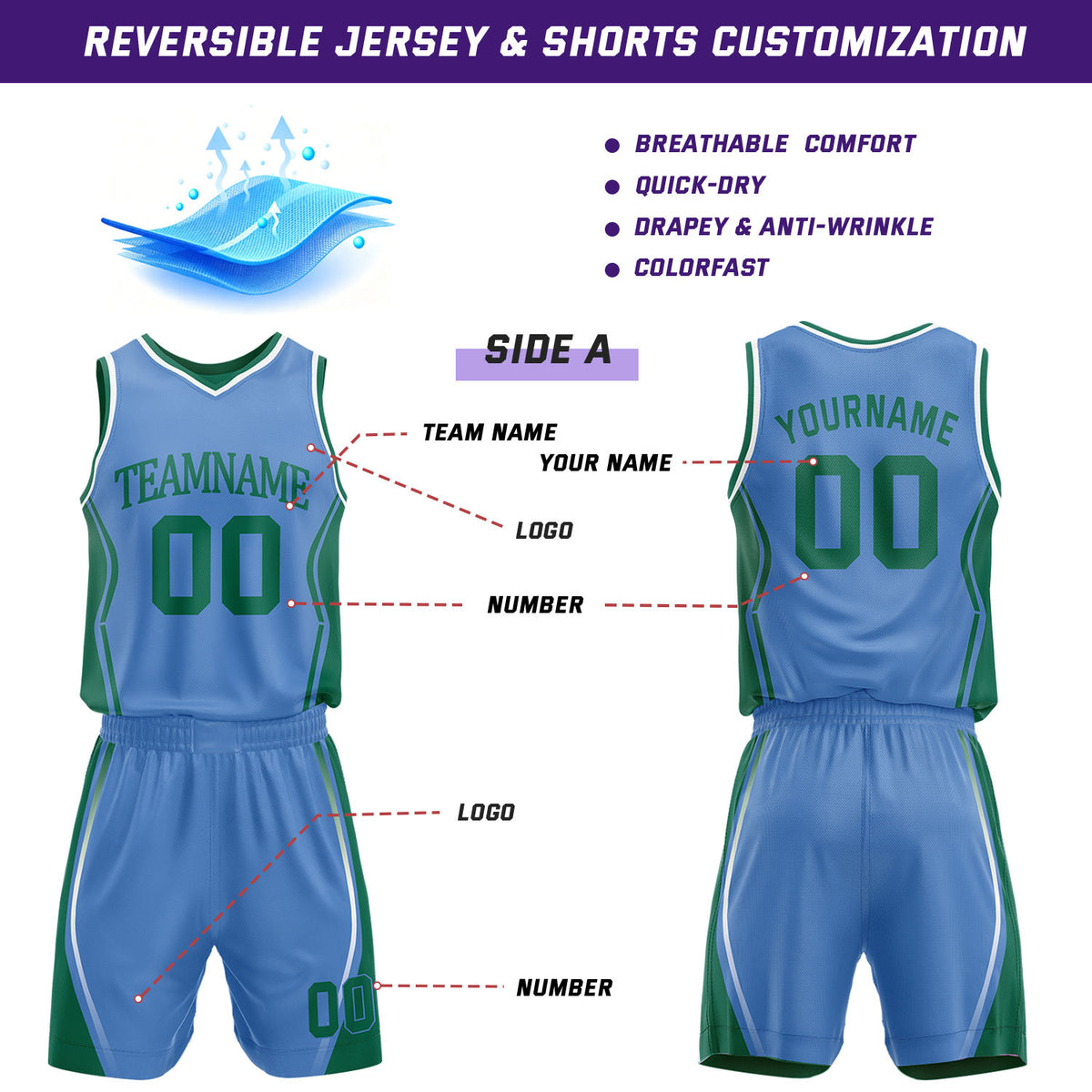 Custom Light Blue & Green Reversible Geometric Basketball Jersey Shorts Set | Personalized Team Uniform
