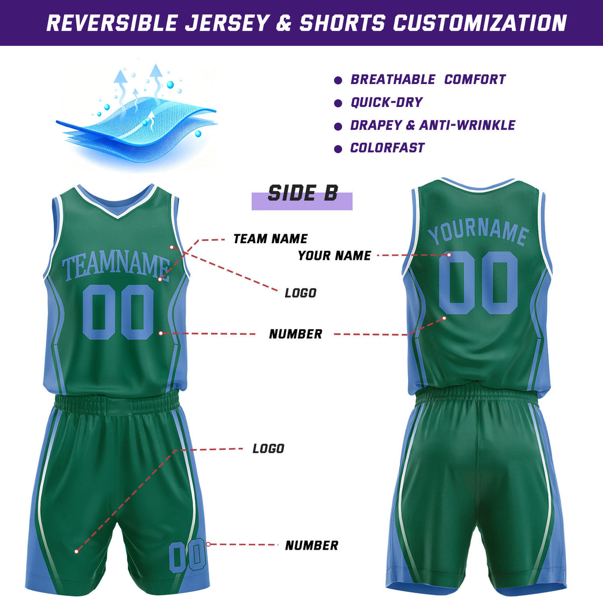 Custom Light Blue & Green Reversible Geometric Basketball Jersey Shorts Set | Personalized Team Uniform