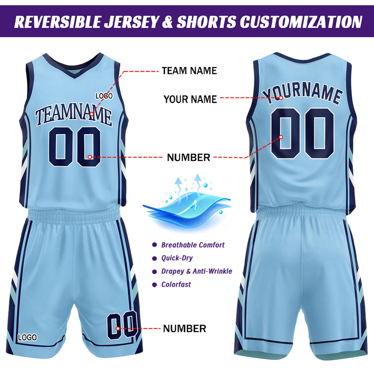 Custom Light Blue & Mint Reversible Basketball Uniform Set | Personalized Name Number Mesh Jersey Shorts Kit