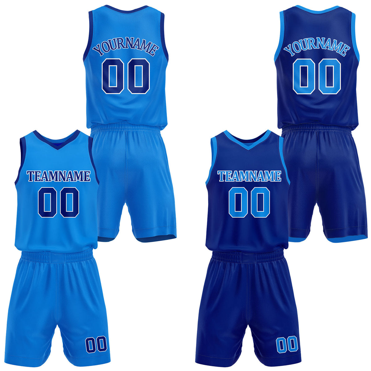 Custom light blue &amp; royal blue reversible basketball jersey shorts set by Vosoli | Personalized team name number casual uniform sportswear