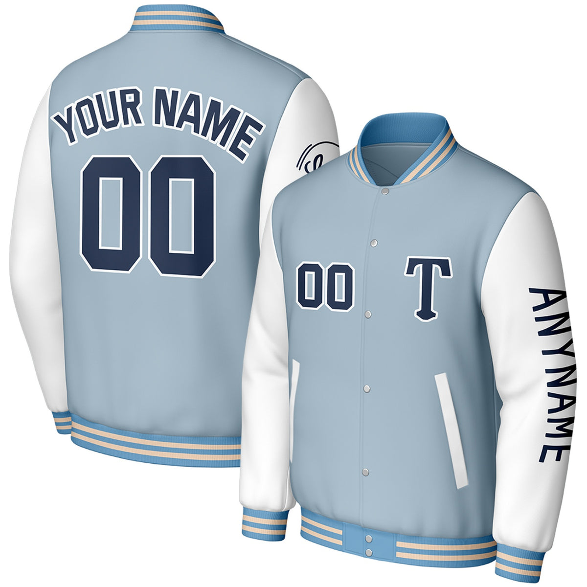 custom lightblue white baseball jackets for clubs by Vosoli, personalized stitched name, number &amp; logo, classic button up varsity letterman jacket for baseball club team and casual wear