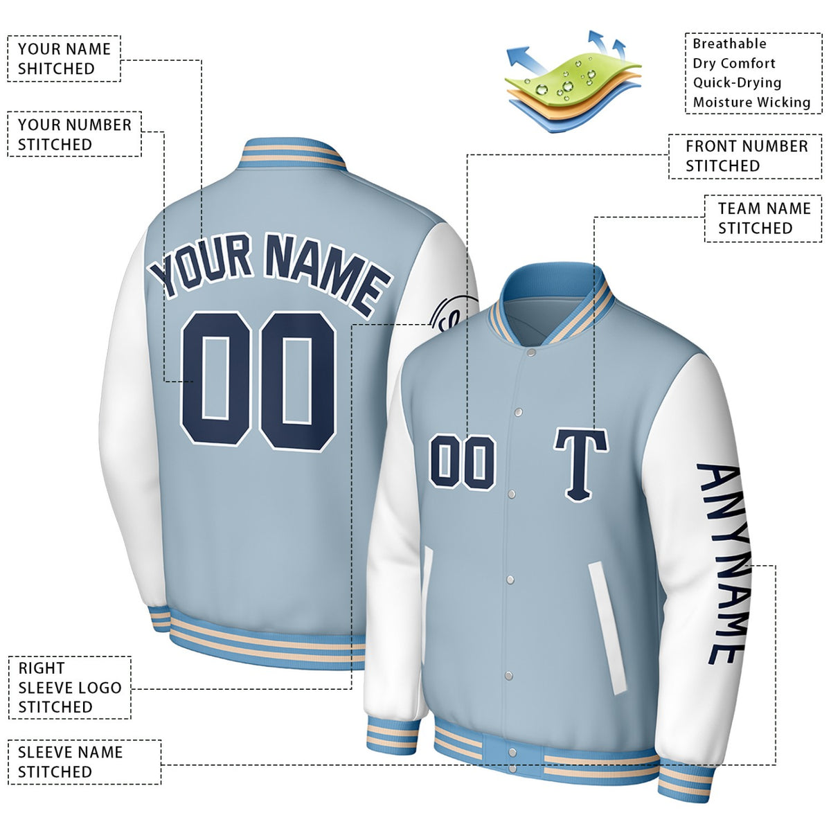 Custom Light Blue & White Varsity Baseball Jacket | Personalized Letterman Baseball Bomber for Adult & Youth
