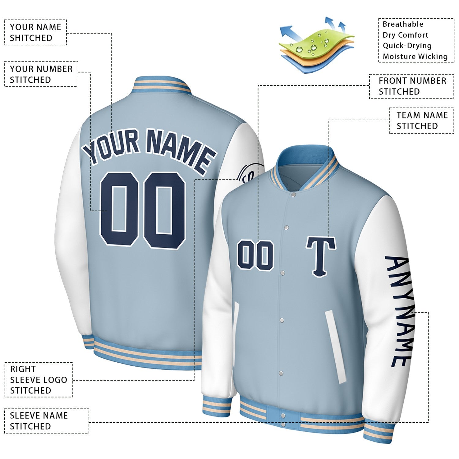 Custom Light Blue & White Varsity Baseball Jacket | Personalized Letterman Baseball Bomber for Adult & Youth