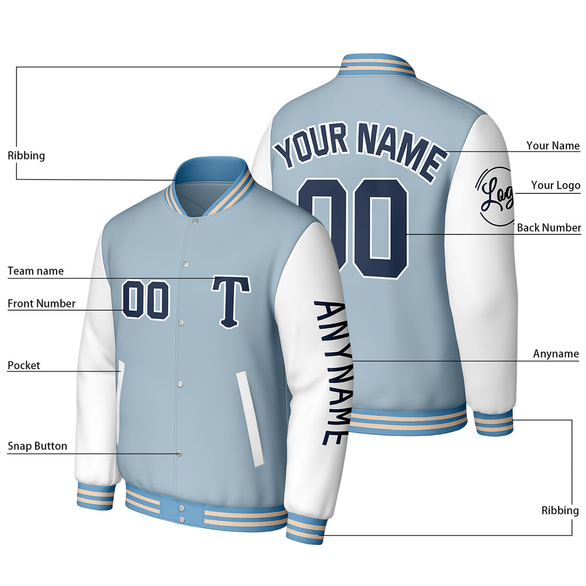 Custom Light Blue & White Varsity Baseball Jacket | Personalized Letterman Baseball Bomber for Adult & Youth