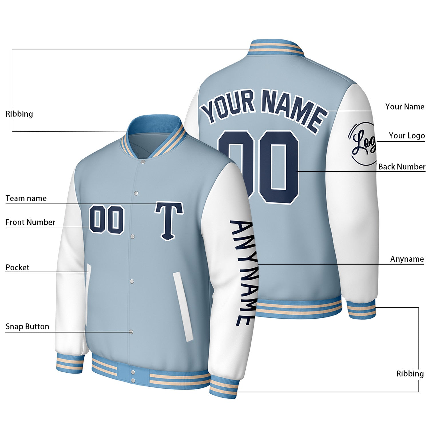 Custom Light Blue & White Varsity Baseball Jacket | Personalized Letterman Baseball Bomber for Adult & Youth