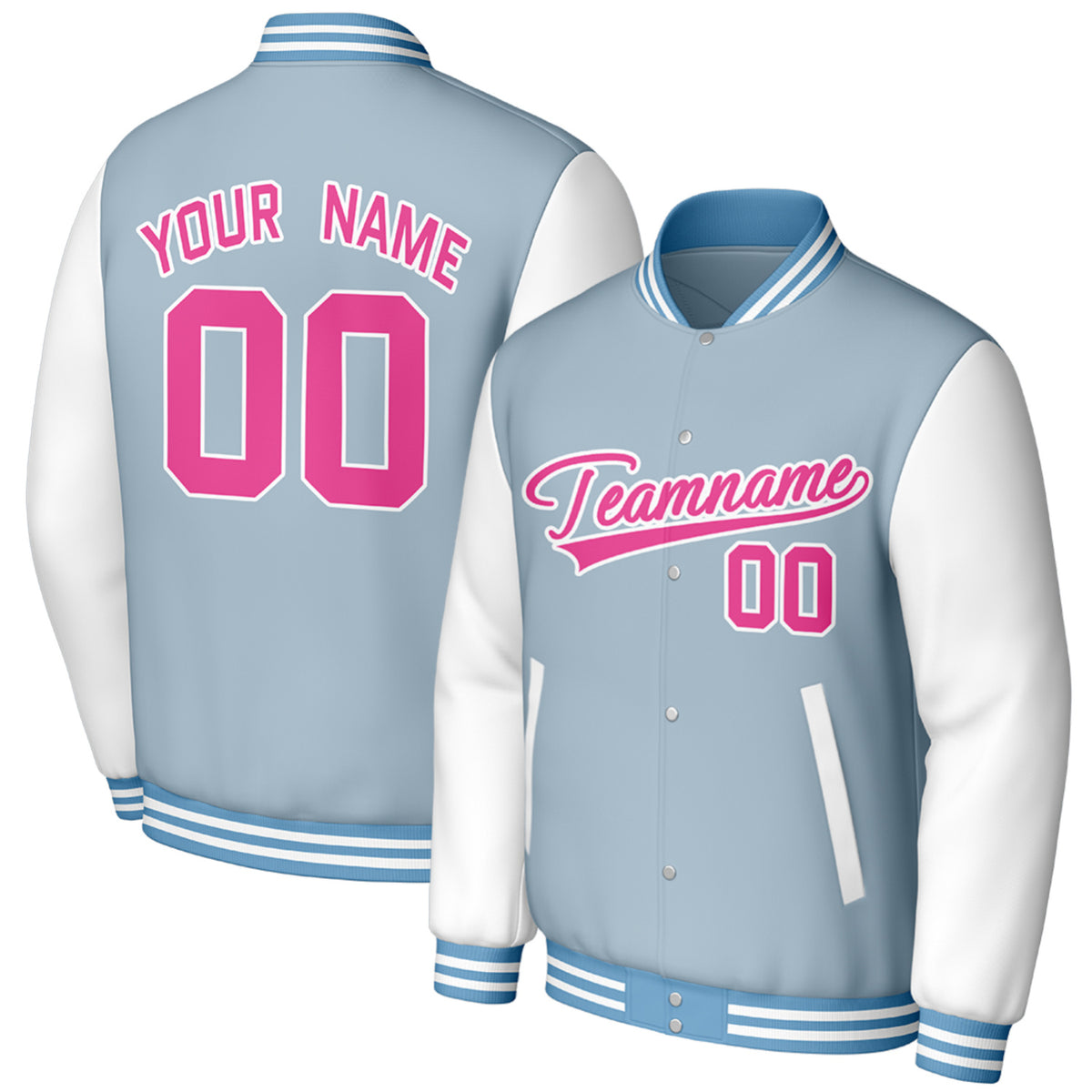 custom lightblue white baseball outerwear by Vosoli, personalized stitched name, number &amp; logo, classic button up varsity letterman jacket for baseball teams and casual wear