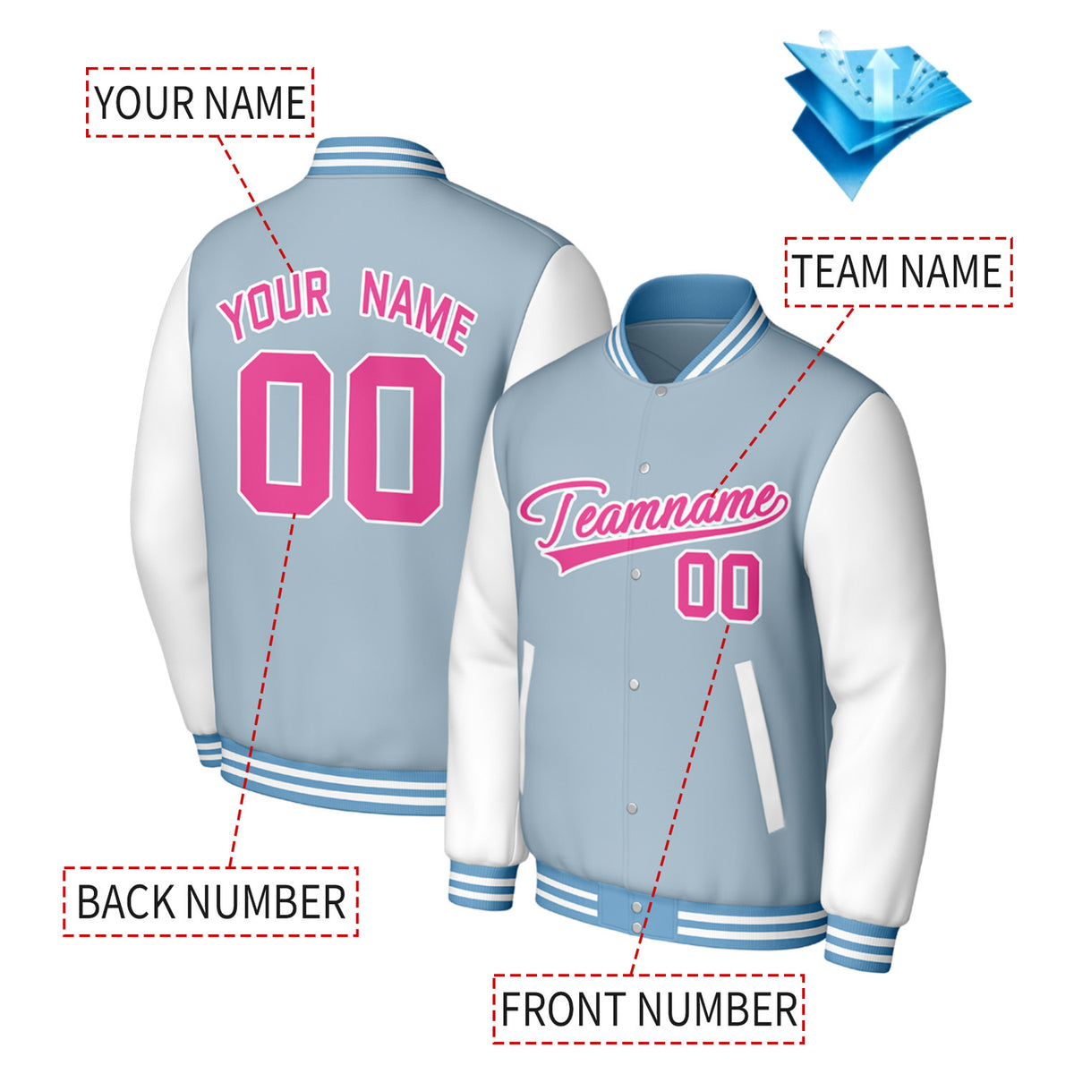 Custom Light Blue & White Varsity Baseball Jacket | Personalized Jacket with Stitched Name & Number for Adult & Youth