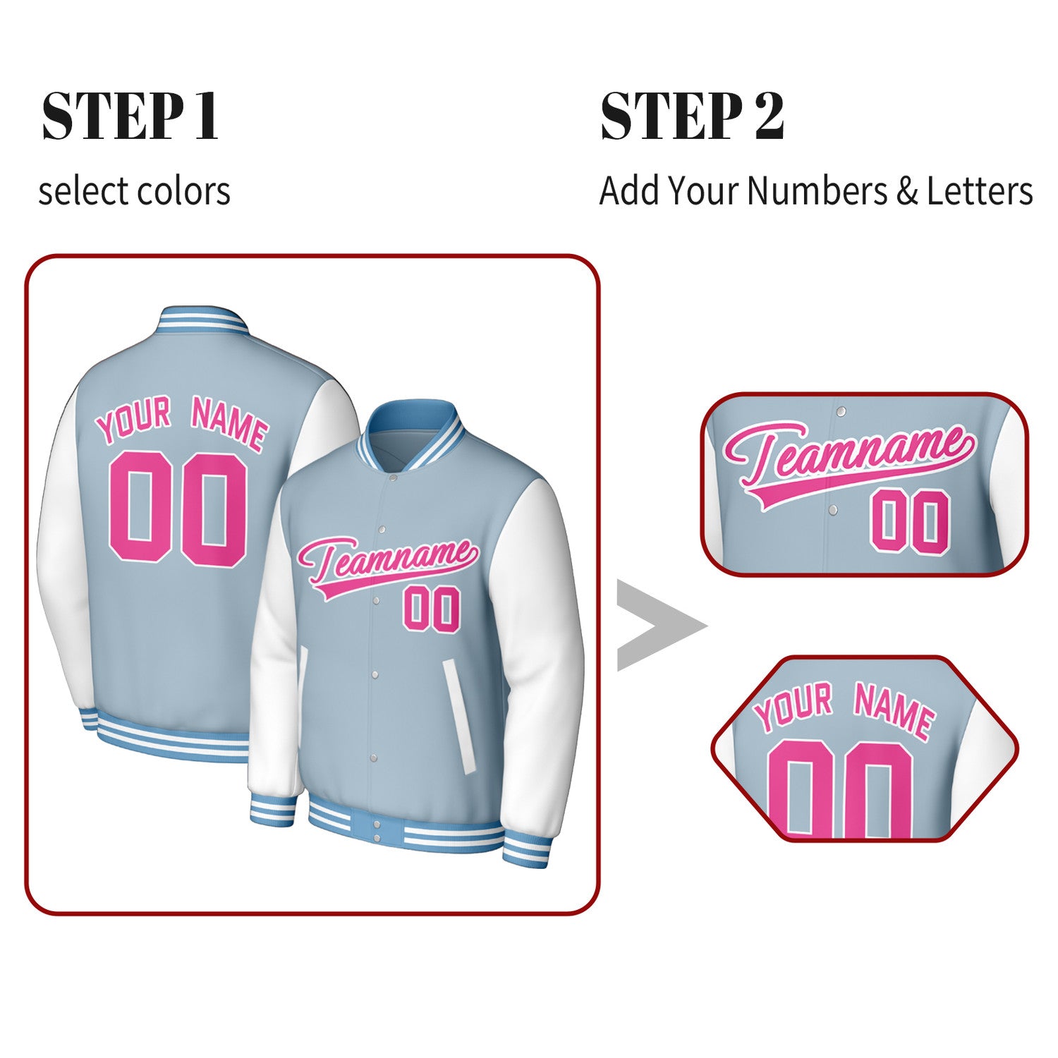 Custom Light Blue & White Varsity Baseball Jacket | Personalized Jacket with Stitched Name & Number for Adult & Youth