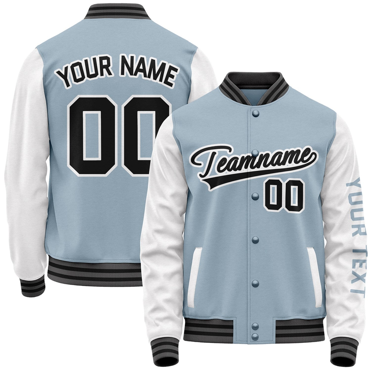 Custom light blue and white bulk baseball team jackets by Vosoli with stitched name, number and logo. Classic varsity jacket for baseball and casual wear.