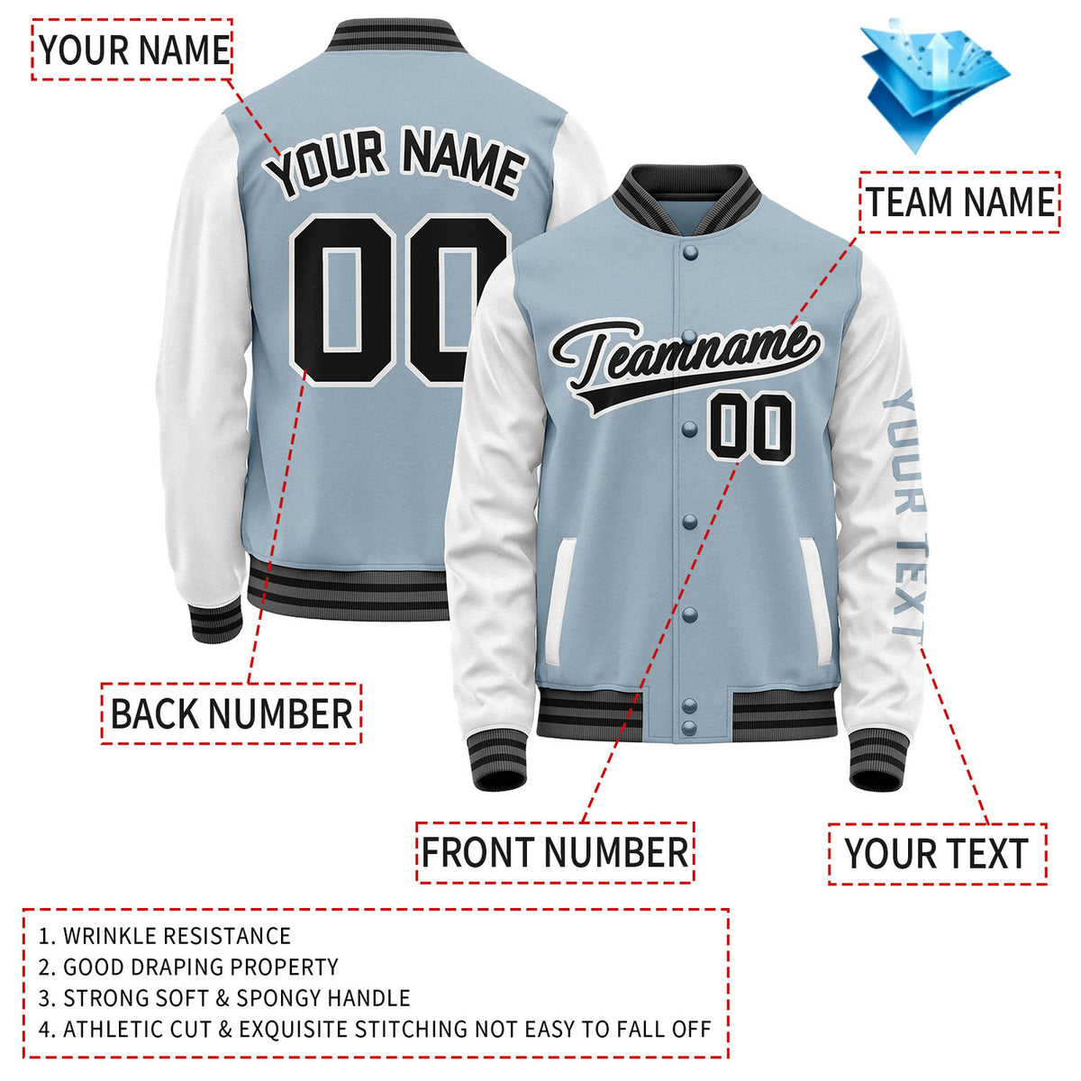 Custom Lightblue White Jacket Personalized Team Name Number Letterman Bomber for Adult & Youth