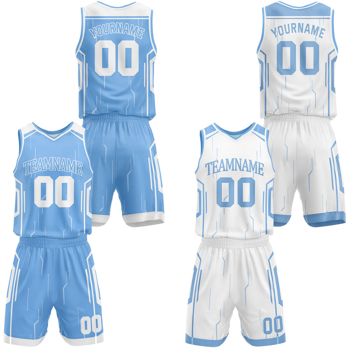 Custom light blue &amp; white reversible basketball jersey shorts set by Vosoli | Personalized block team name number tech geometric uniform sportswear
