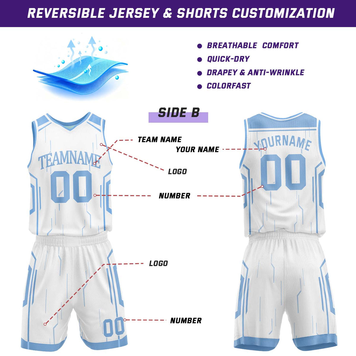 Custom Light Blue & White Reversible Geometric Basketball Jersey Shorts Set | Personalized Team Uniform