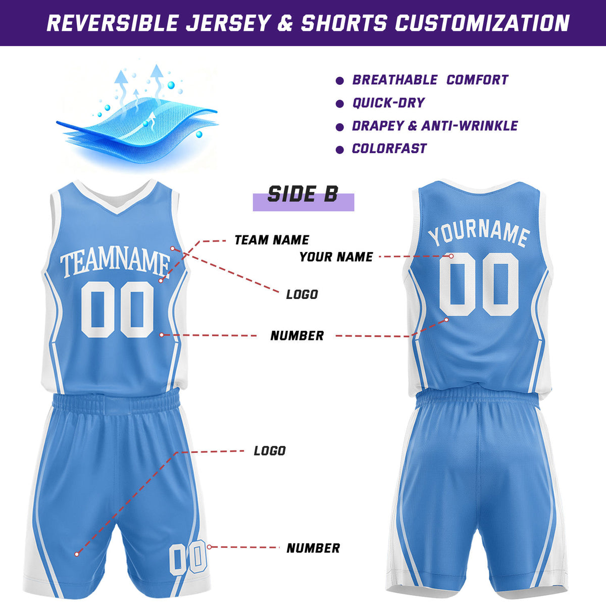 Custom Light Blue & White Reversible Geometric Basketball Jersey Shorts Set | Personalized Team Uniform