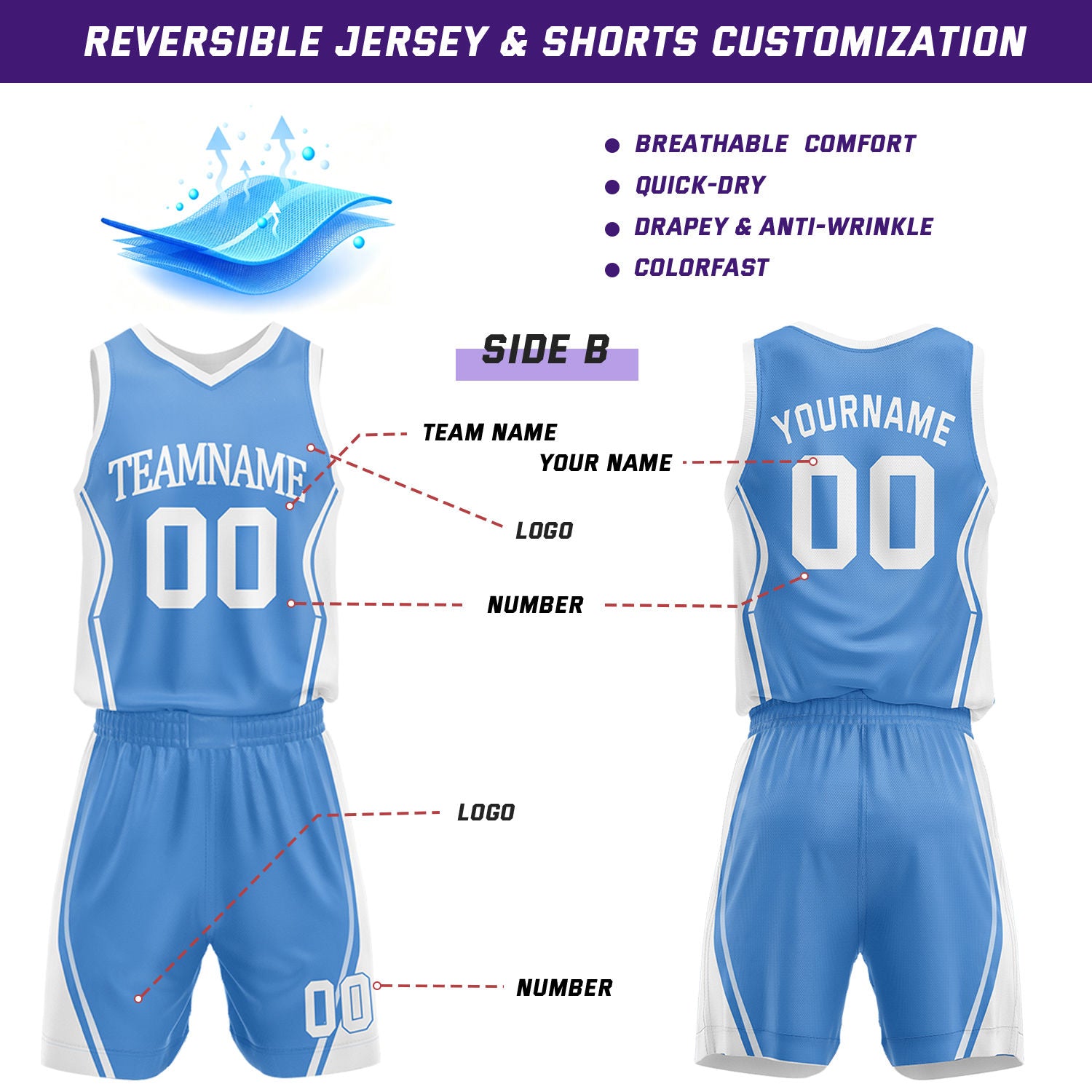 Custom Light Blue & White Reversible Geometric Basketball Jersey Shorts Set | Personalized Team Uniform