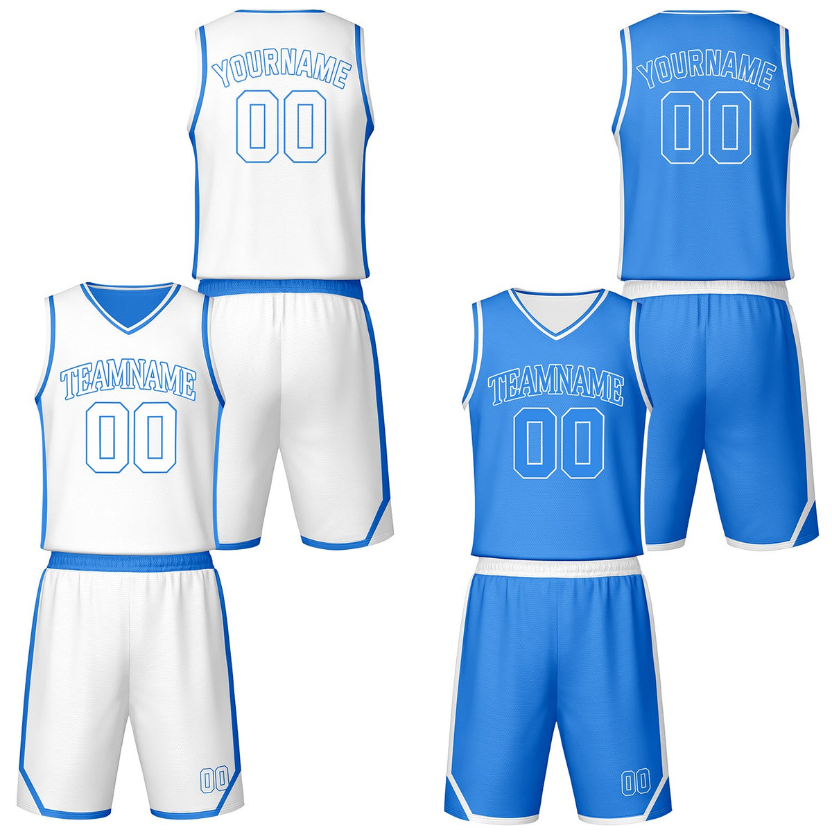 Custom light blue &amp; white reversible basketball jersey shorts set by Vosoli | Personalized outline block team name number vintage uniform sportswear