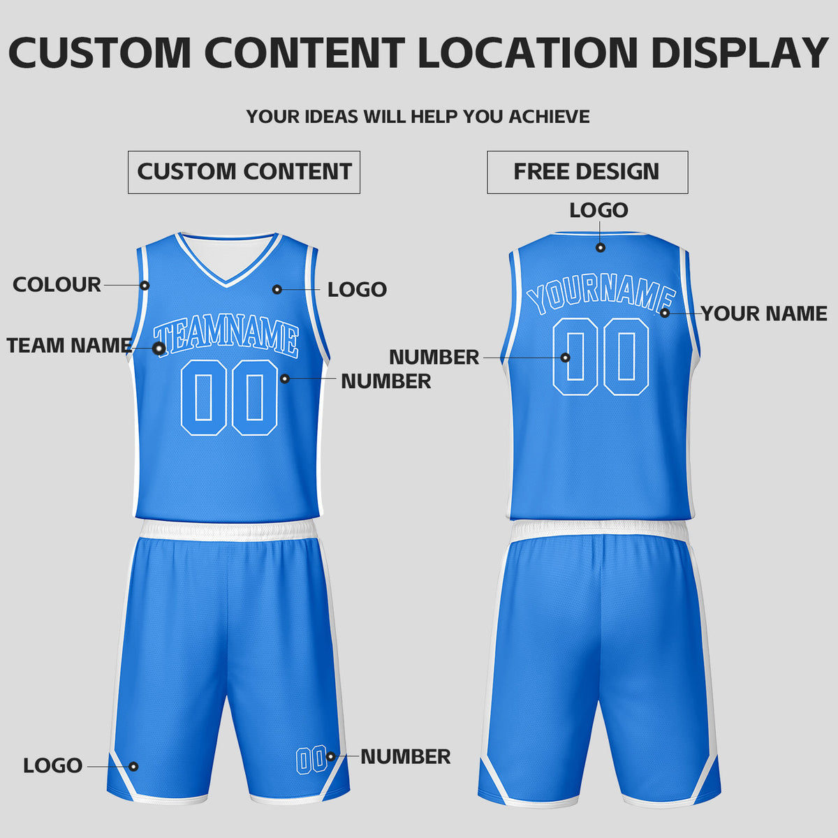 Custom Light Blue & White Reversible Basketball Jersey Shorts Set | Personalized Team Uniform