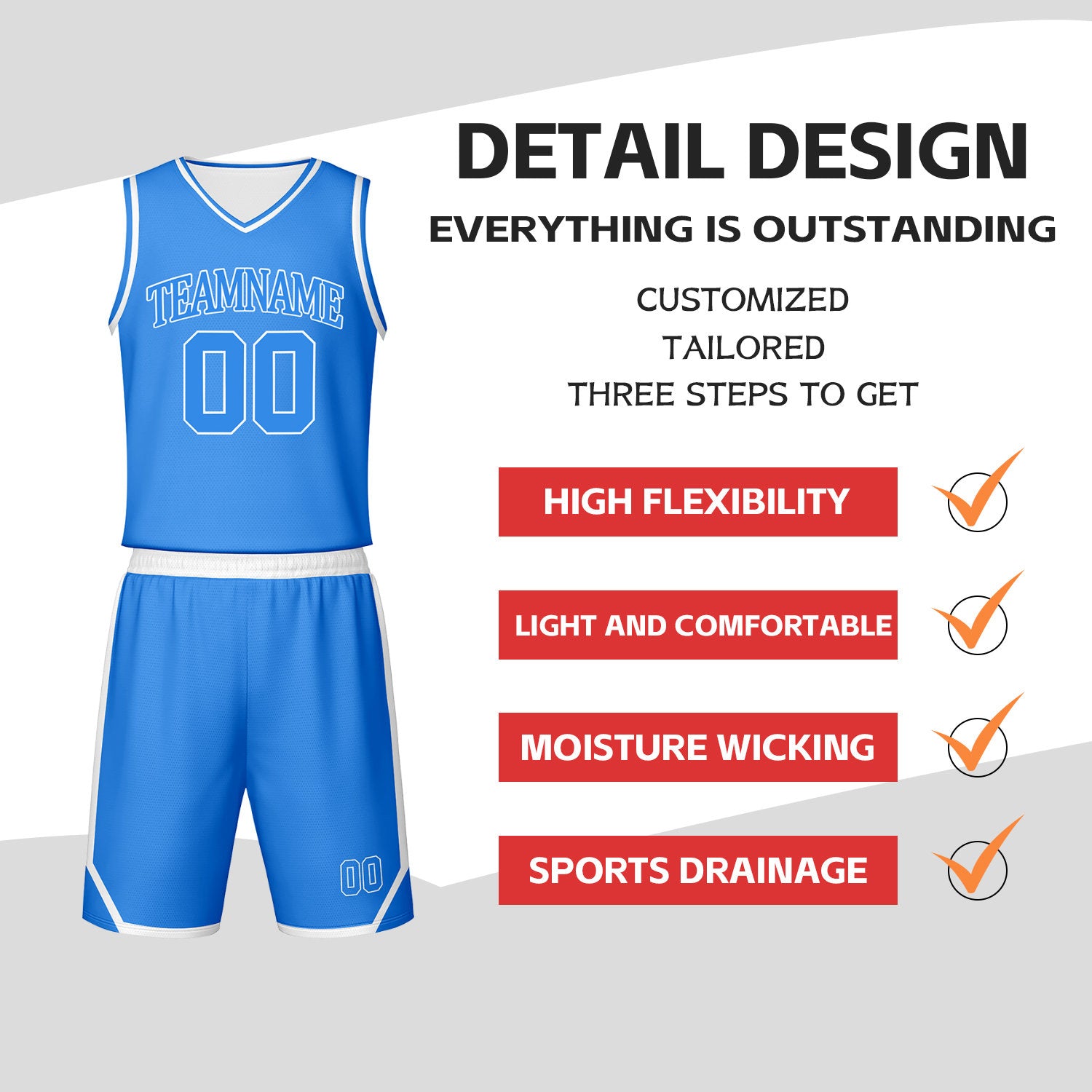 Custom Light Blue & White Reversible Basketball Jersey Shorts Set | Personalized Team Uniform