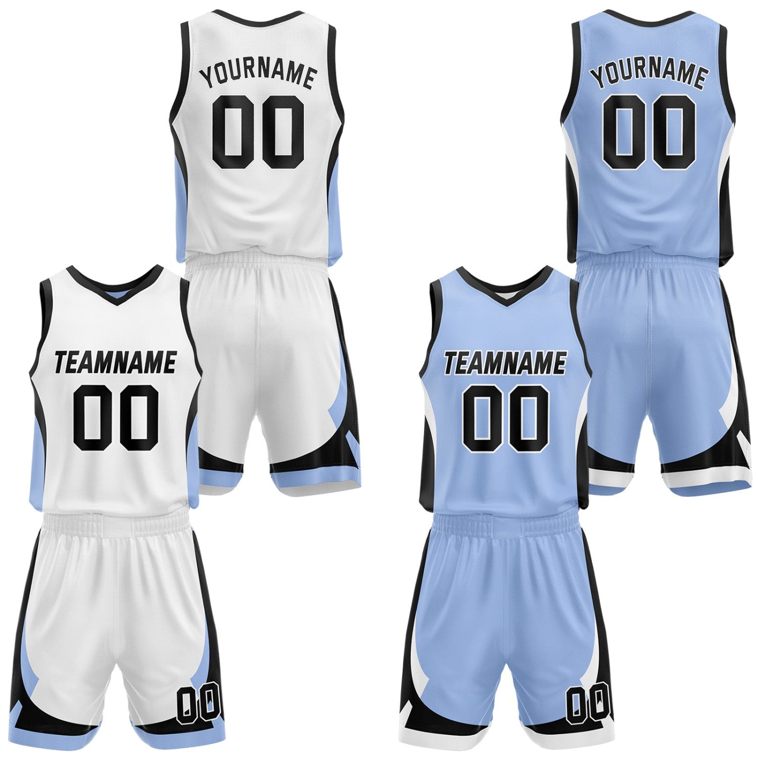 Custom light blue & white reversible basketball jersey set with shorts by Vosoli | Personalized team name, number & logo | Breathable mesh sport jersey uniform