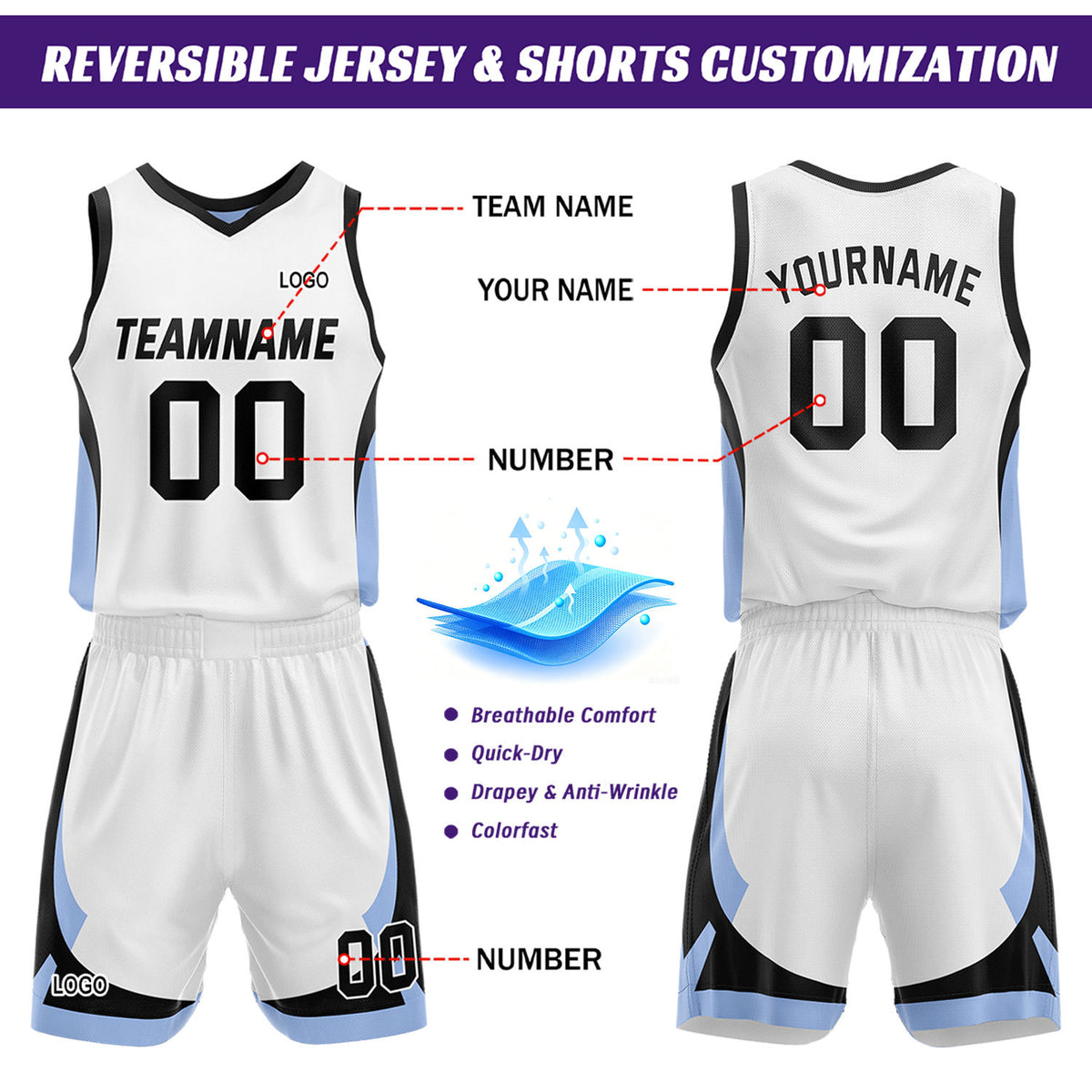 Custom Light Blue White Reversible Basketball Jersey Set | Personalized Name Number Mesh Sports Uniform