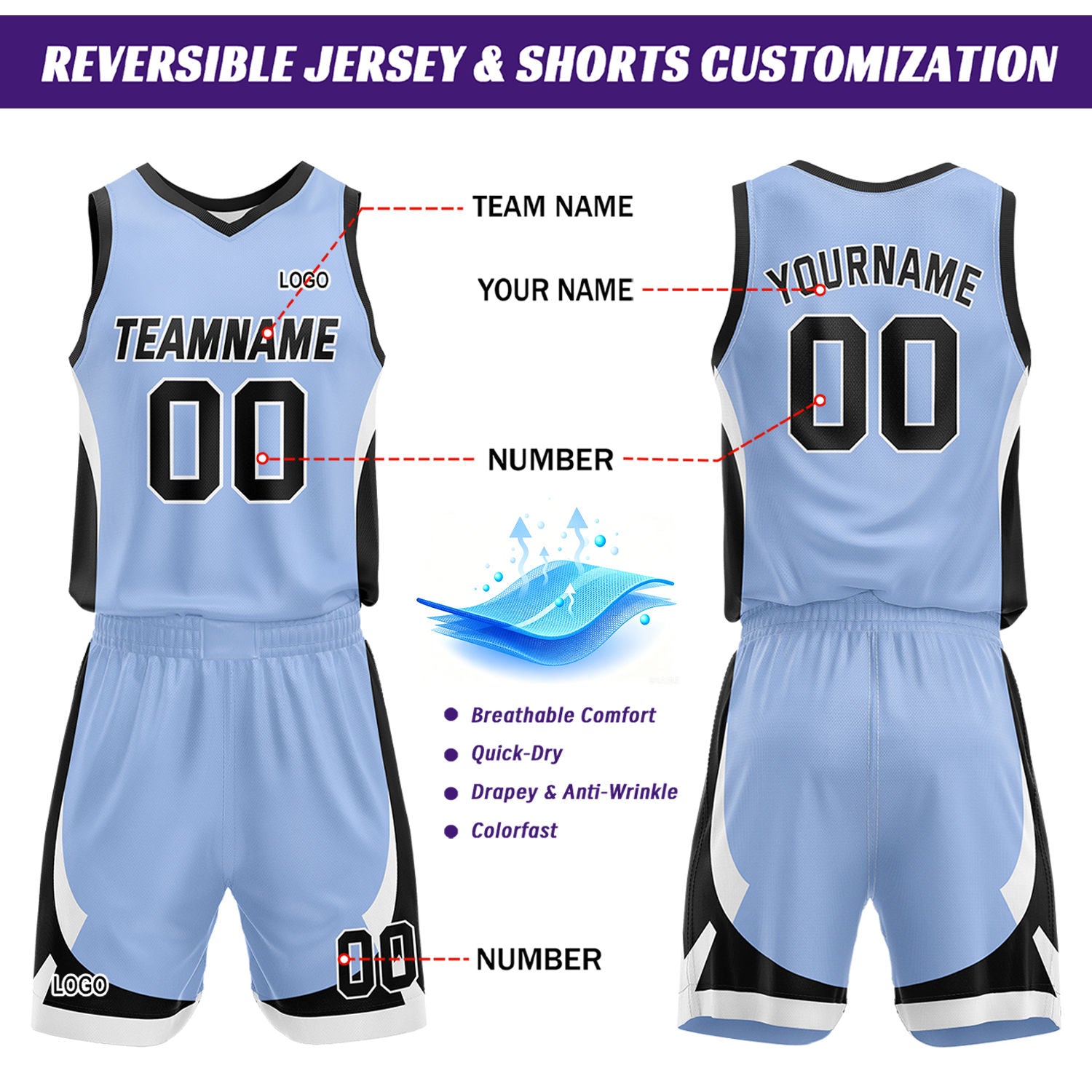 Custom Light Blue White Reversible Basketball Jersey Set | Personalized Name Number Mesh Sports Uniform