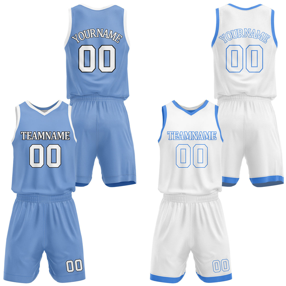 Custom light blue &amp; white reversible basketball jersey shorts set by Vosoli | Personalized team name number casual uniform sportswear