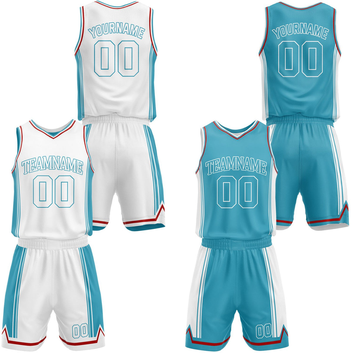 Custom light blue &amp; white reversible basketball jersey shorts set by Vosoli | Personalized team name number casual vintage uniform sportswear