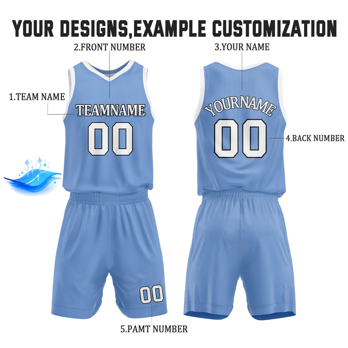 Custom Light Blue & White Reversible Basketball Jersey Shorts Set | Personalized Full Team Uniform