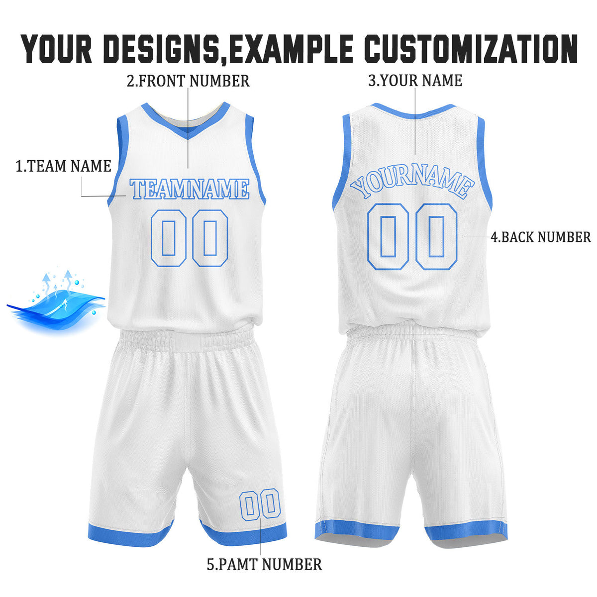 Custom Light Blue & White Reversible Basketball Jersey Shorts Set | Personalized Full Team Uniform