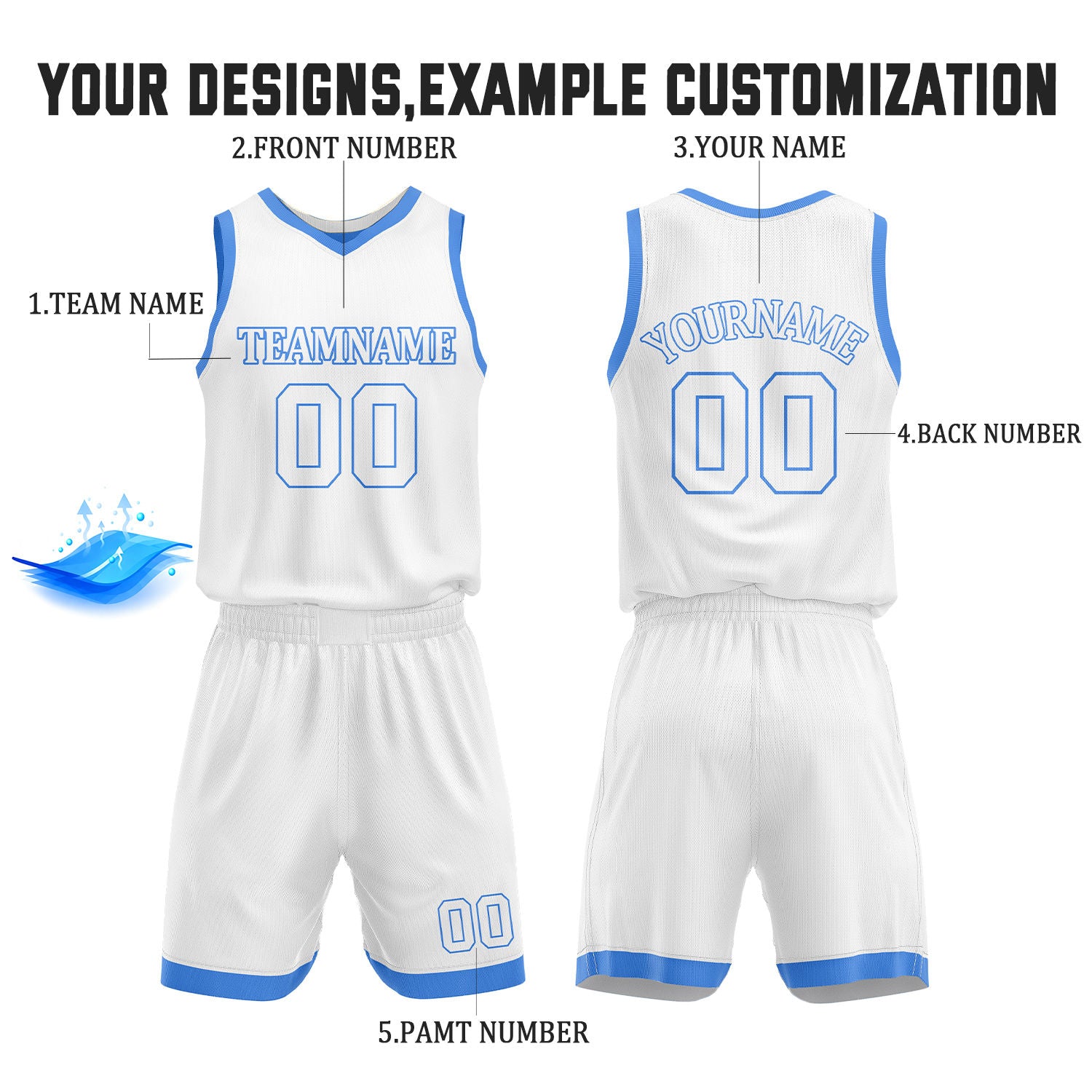 Custom Light Blue & White Reversible Basketball Jersey Shorts Set | Personalized Full Team Uniform