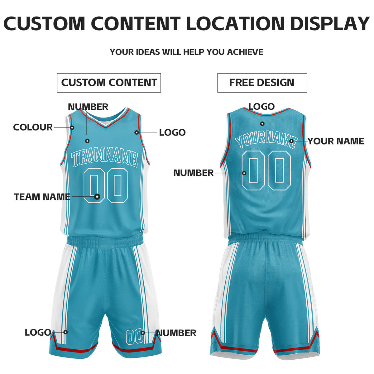 Custom Light Blue & White Reversible Basketball Jersey Shorts Set | Personalized Full Vintage Team Uniform