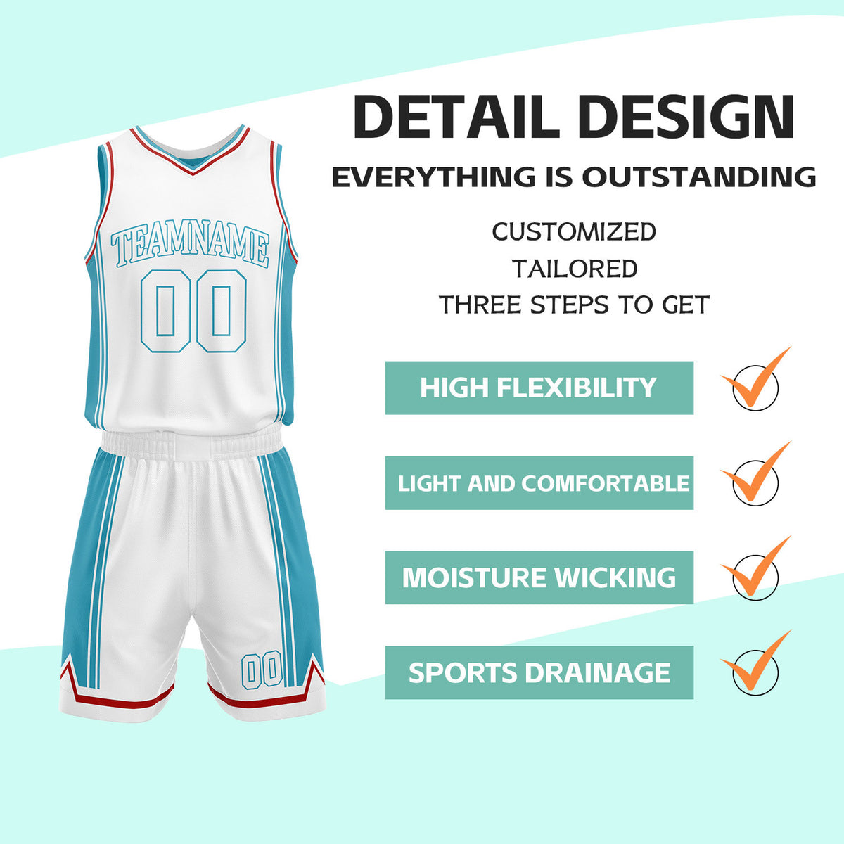 Custom Light Blue & White Reversible Basketball Jersey Shorts Set | Personalized Full Vintage Team Uniform