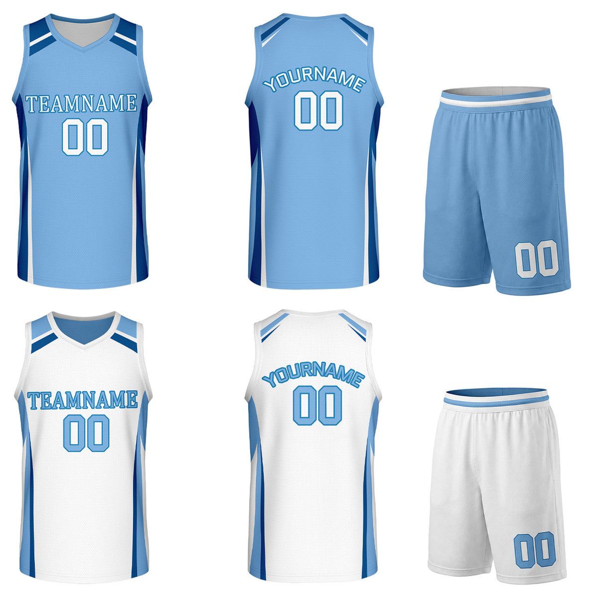 Custom light blue and white reversible basketball uniform by Vosoli. Personalized with team name, number, and logo. Breathable mesh jersey and shorts for high school, college, and AAU teams.