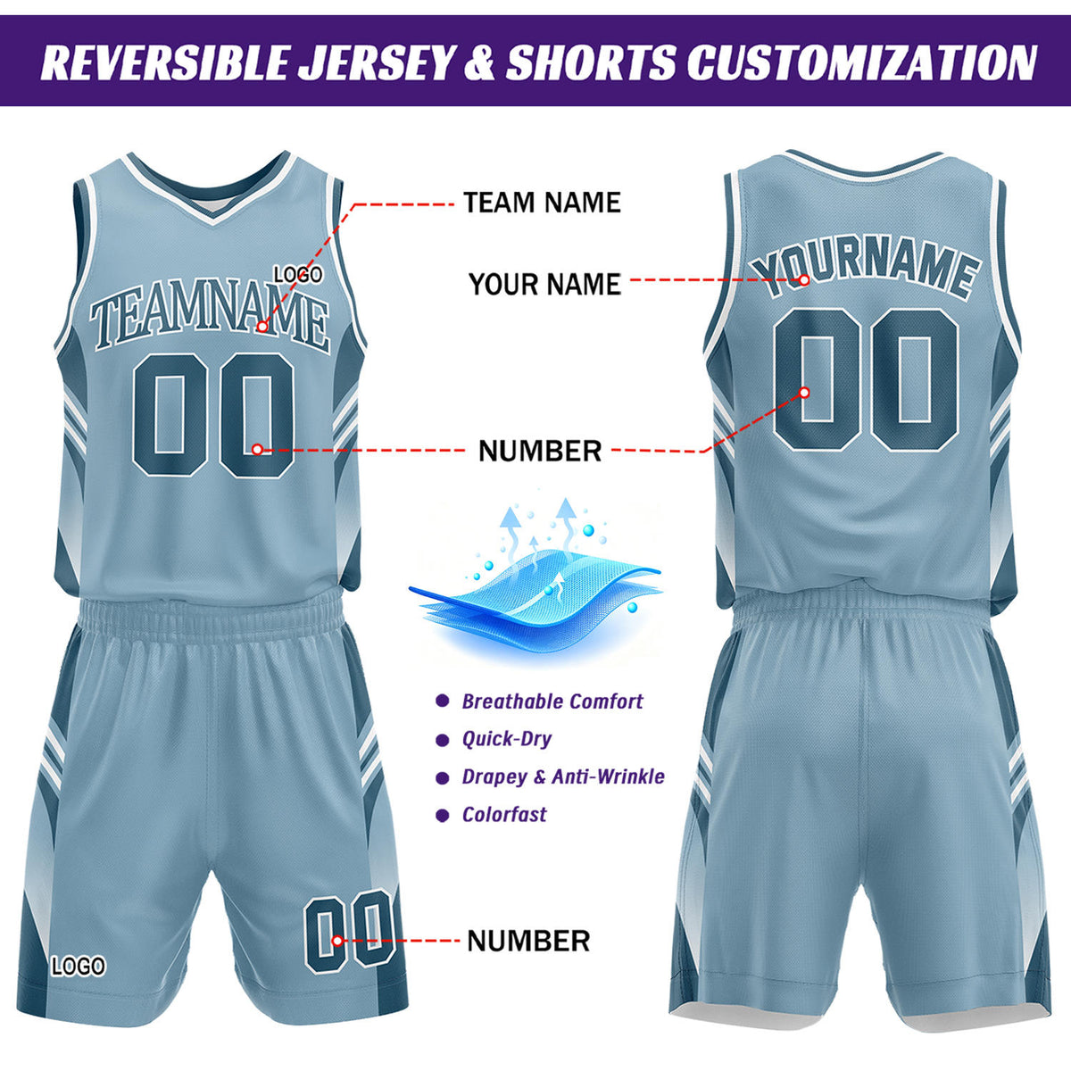 Custom Light Blue & White Reversible Basketball Uniform Set | Personalized Team Jersey Kit