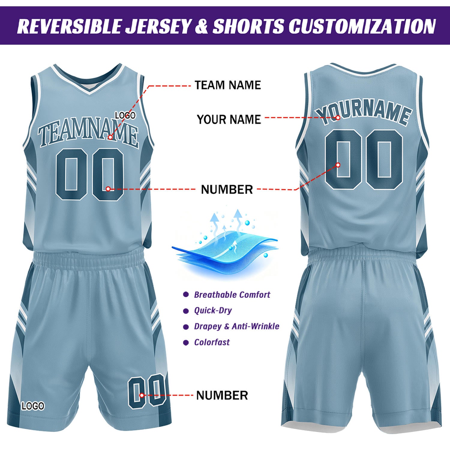 Custom Light Blue & White Reversible Basketball Uniform Set | Personalized Team Jersey Kit