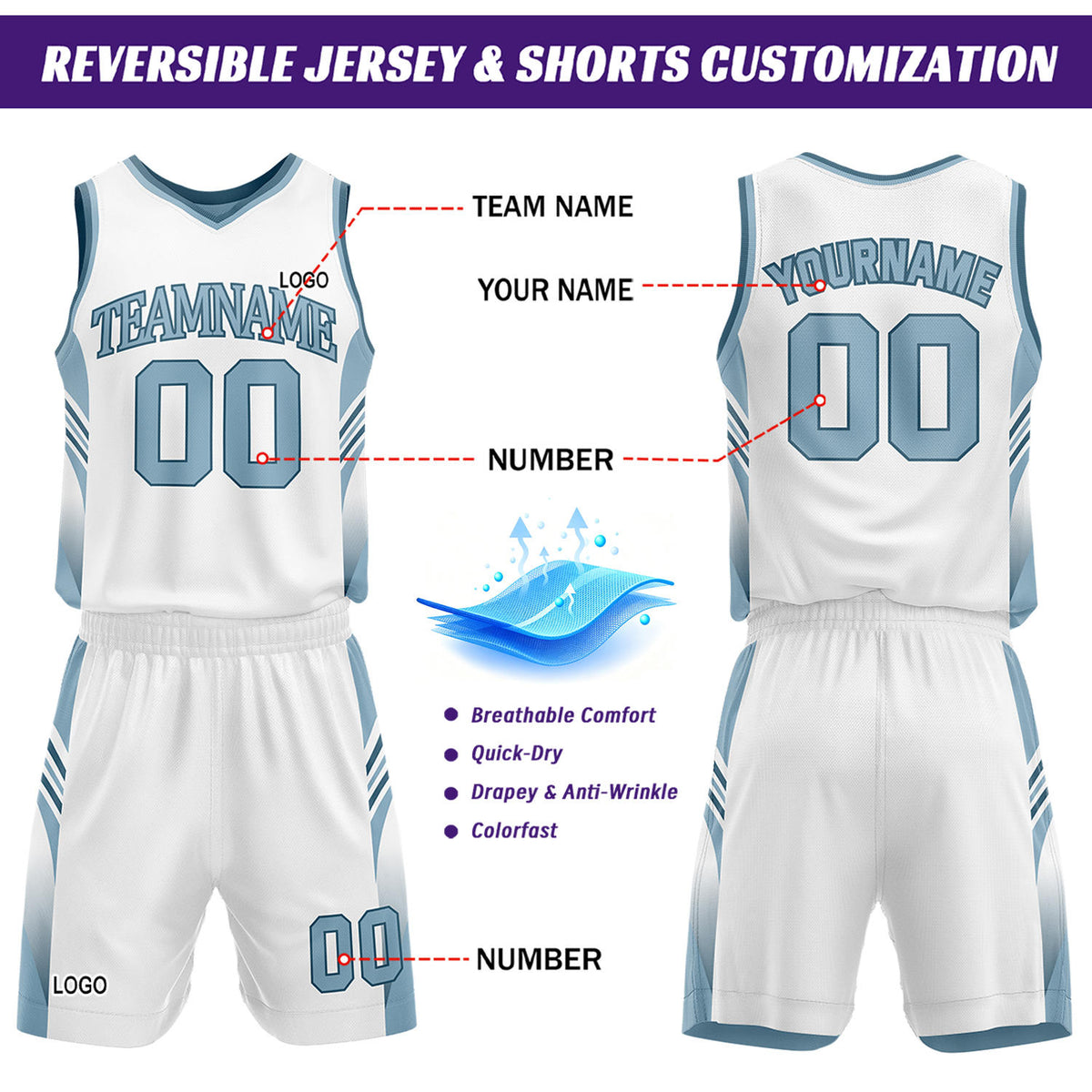 Custom Light Blue & White Reversible Basketball Uniform Set | Personalized Team Jersey Kit