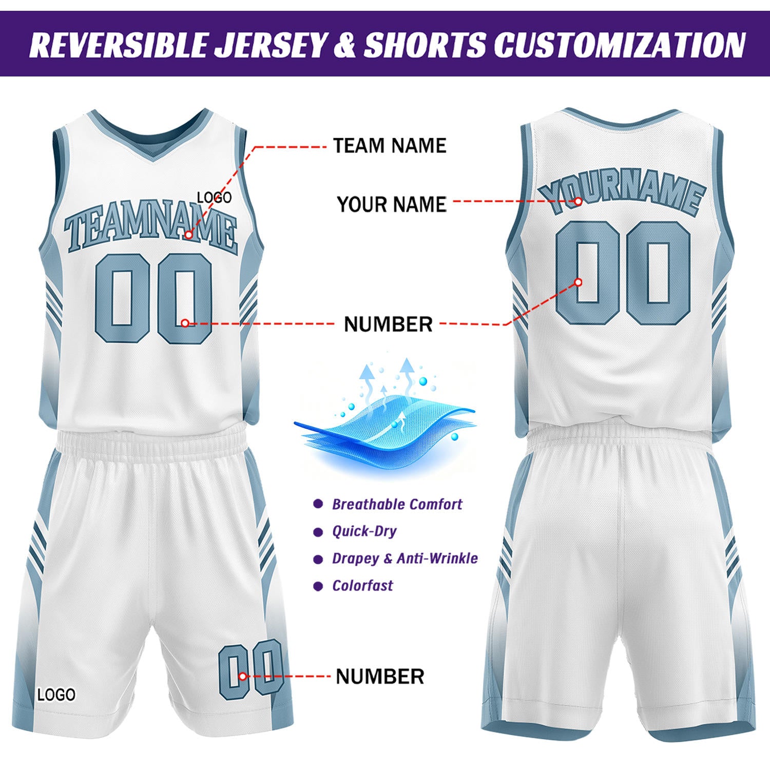 Custom Light Blue & White Reversible Basketball Uniform Set | Personalized Team Jersey Kit