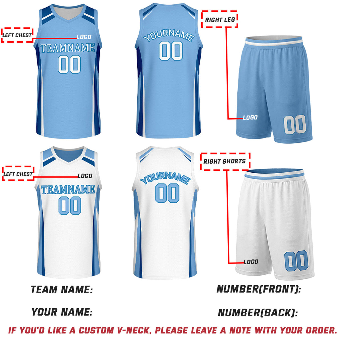 Custom Light Blue & White Reversible Basketball Jerseys | Personalized Team Uniforms Set for Men Women