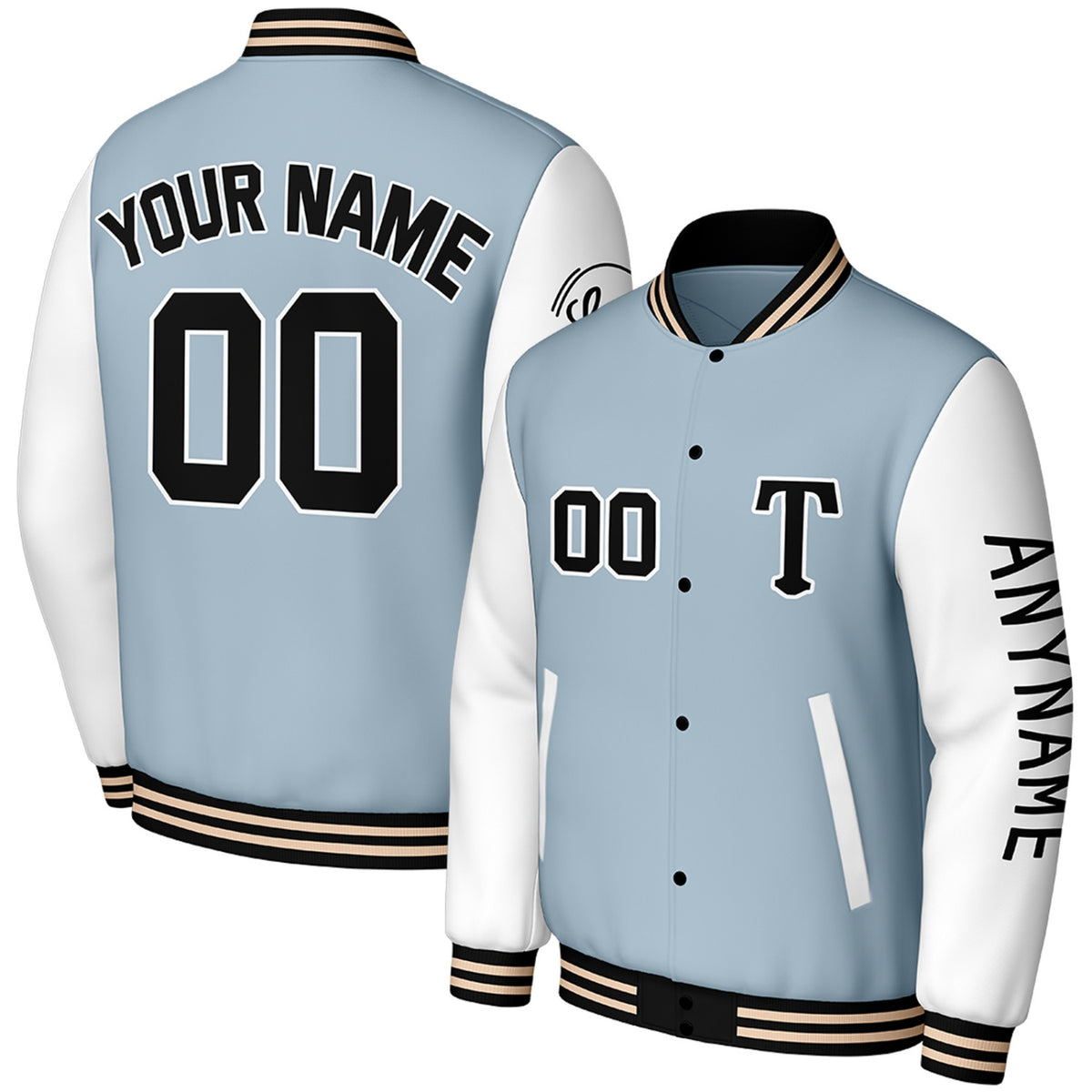 custom lightblue white travel baseball team jackets by Vosoli, personalized stitched name, number &amp; logo, classic button up varsity letterman jacket for baseball travel team and casual wear
